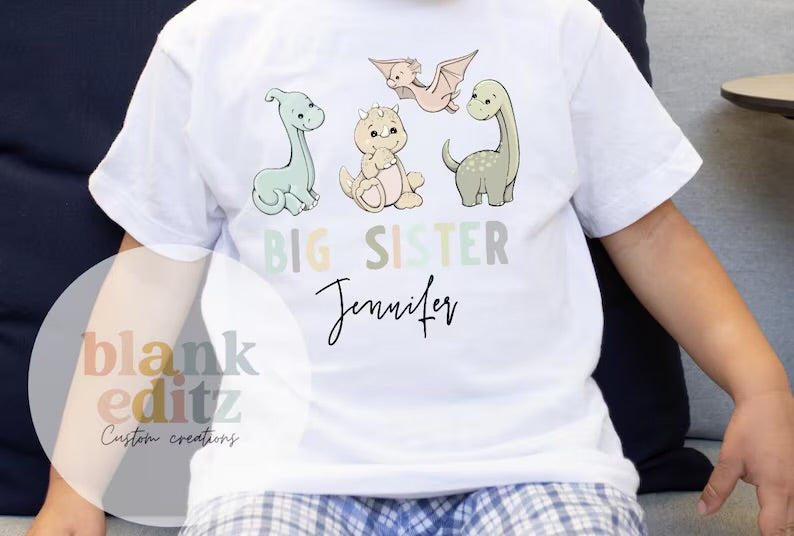 Big Sister T-Shirt, Personalised Dinosaur big sister Matching sibling