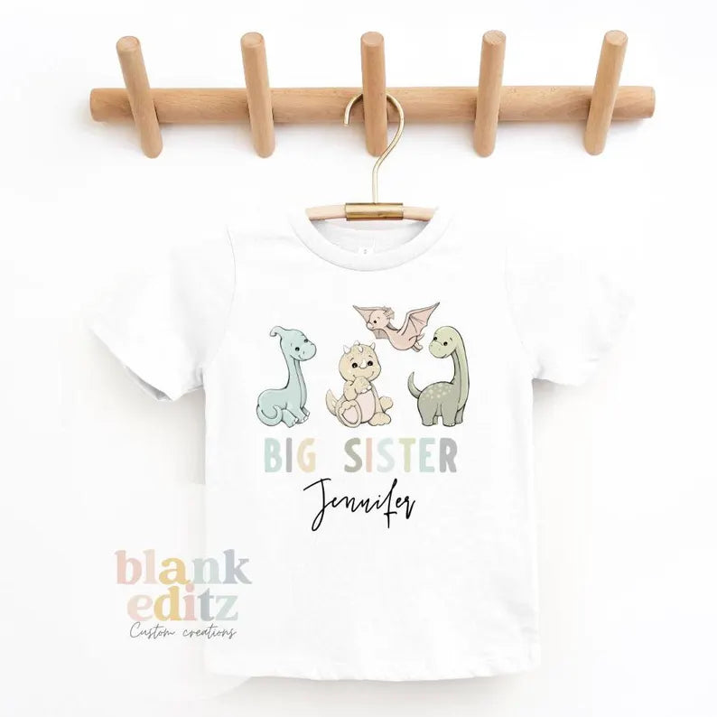 Big Sister T-Shirt, Personalised Dinosaur big sister Matching sibling