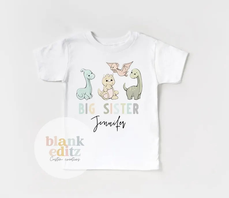 Big Sister T-Shirt, Personalised Dinosaur big sister Matching sibling