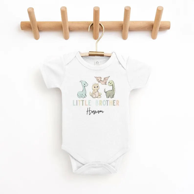 Little Brother Personalised Dinosaur, Baby Announcement Bodysuit