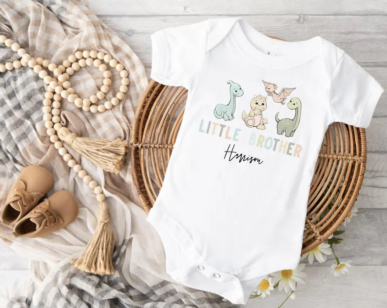 Little Brother Personalised Dinosaur, Baby Announcement Bodysuit