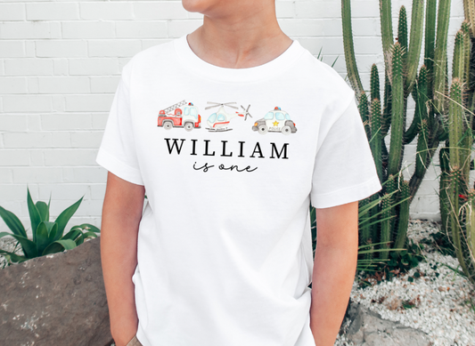 Personalised First Birthday T-Shirt, Emergency Vehicle Birthday, Kids Birthday Keepsake, 1st Birthday